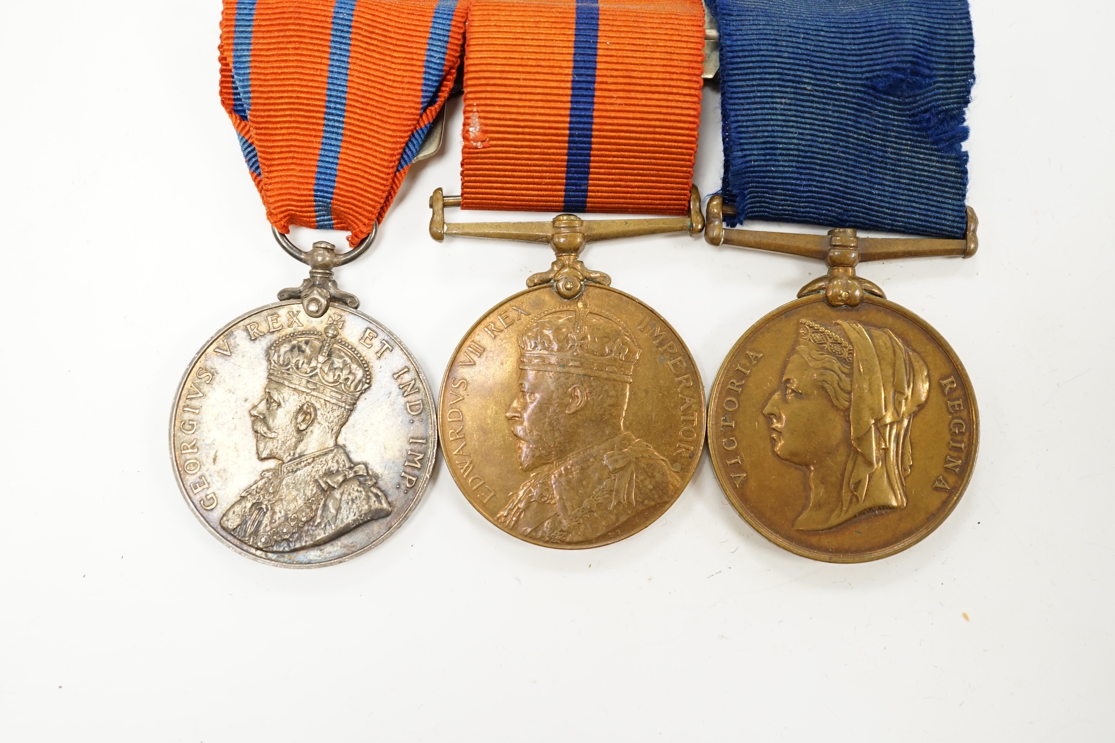 A Metropolitan police medal group awarded to James W. Sidders comprising of three commemorative medals; the 1887 Golden Jubilee medal, the 1902 Edward VII Coronation medal and the 1911 George V Coronation medal, together